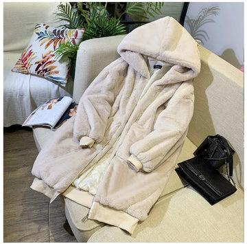 Getadme-Casual Hoodies Furry Thick Warm Long Faux Rabbit Fur Jacket Faux Fur Coat Women Loose Winter Coat Women